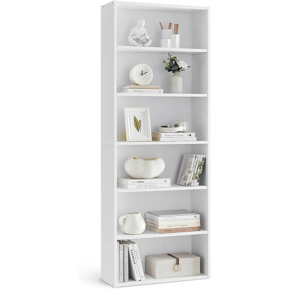 Wooden 6-Tier Modern Bookshelf & Bookcase Open Storage 9.4x23.6x63.3 Inches for Living Room Home Office Dining Room Cloud White