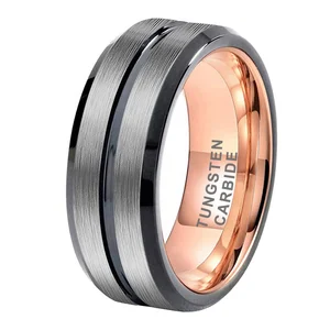 Coolstyle Jewelry 8mm Black Rose Gold Tungsten Ring for Men Women Engagement Band Beveled Edges Grooved Brushed Comfort Fit