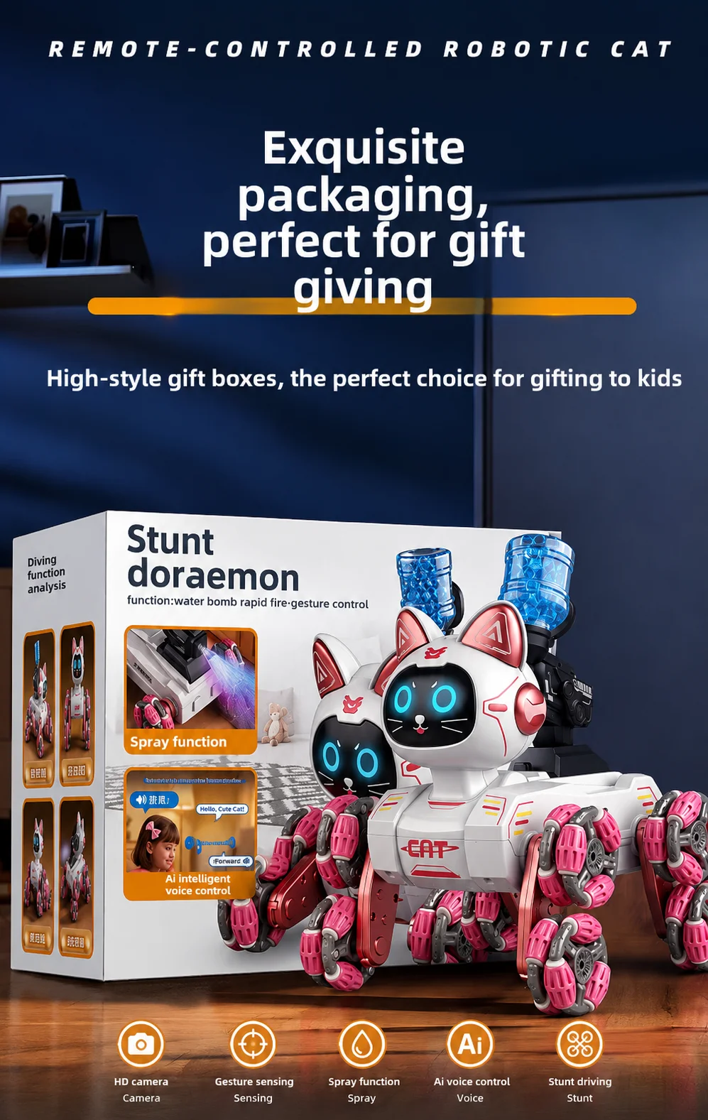 8-Wheel Stunt Robot Cat with HD Camera, Gesture & Remote Control, Water Ball Shooting, LED Lights, Dancing & Drifting for Gift