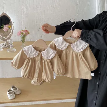 Spring Autumn Korean-Style Girls' Long-Sleeved Cotton Crocheted Romper Dress Large Collar Jumpsuit Sweet Cute Sister Outfit