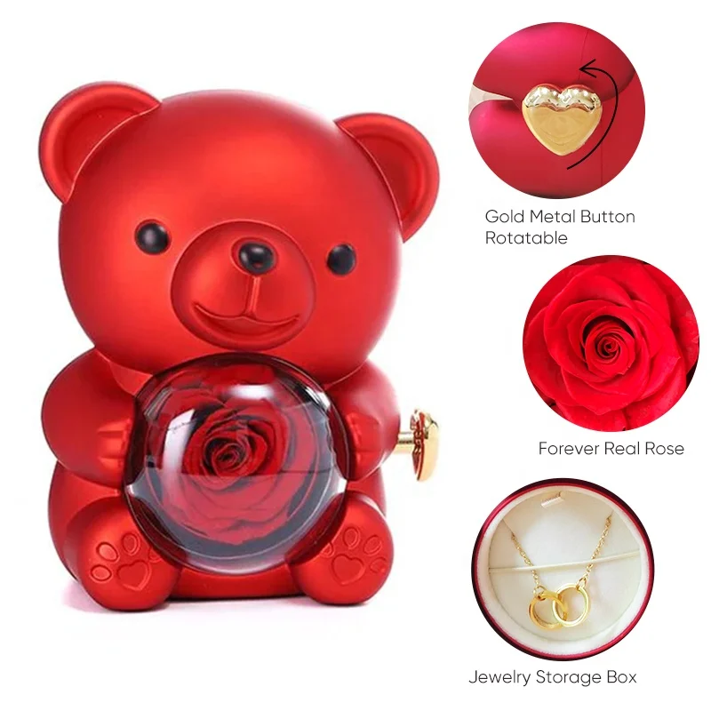 Dropshipping Gift for Mom Wife Girlfriend Grandma Real Rose Forever Flower  Bear Gift Jewelry Box with Engraved Name Necklace