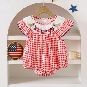 Custom Baby Clothes July 4th Shirred Smocked Baby Clothing Embroidery Casual Plaid Sleeve Baby Girl Rompers