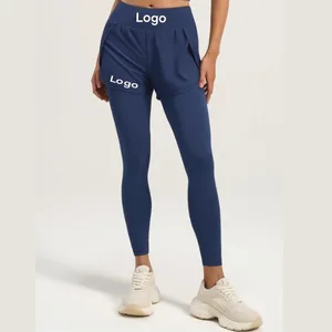 Custom Logo Women's Mock Two-Piece Design High-Waisted Elastic Fitness Running Yoga Pants Pocket Butt Lifting Tummy Control