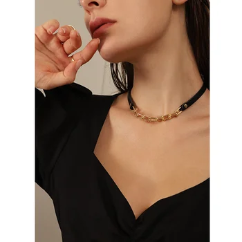 Black PU Leather Horseshoe Chain Necklaces Mixed Adjustable Choker Necklaces for Women Gold Plated Punk Statement Hiphop Jewelry