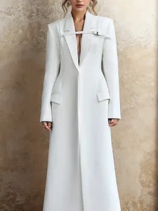 Oem Odm New Women's White Longline Blazer Coat - Metal Buckle Cutout Design Slim-Fit Stylish Office Overcoat