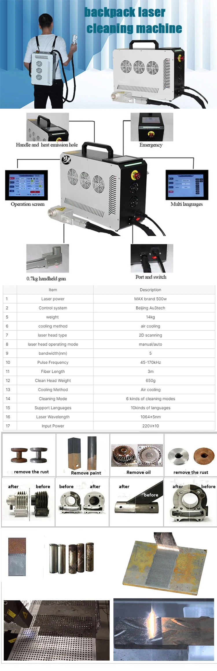 Hot Sale 100W 200W 300W Air-Cooled Fiber Laser Handheld Pulse Cleaning Machine for Metal Non-Metal for Plastic Paper Wood New