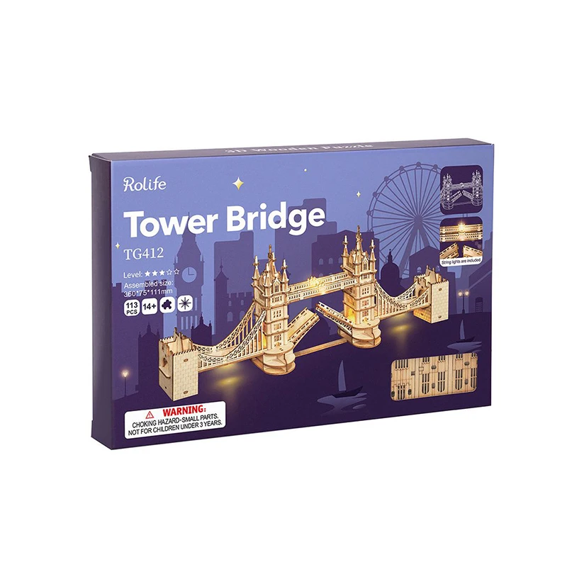 Robotime Rolife Wood Crafts DIY Educational Toys TG412 Wooden Tower Bridge Model 3D Puzzles for Adults