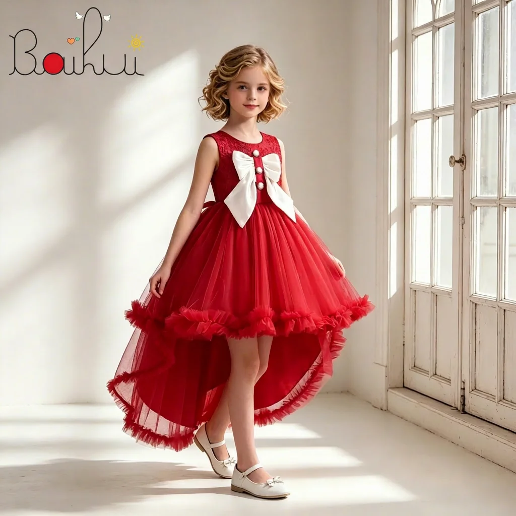 European Style Girl Wedding Dress for 6 Years Old Big Bow Princess Children  Party Dress Elegant Tailed Kid Evening Prom Dress