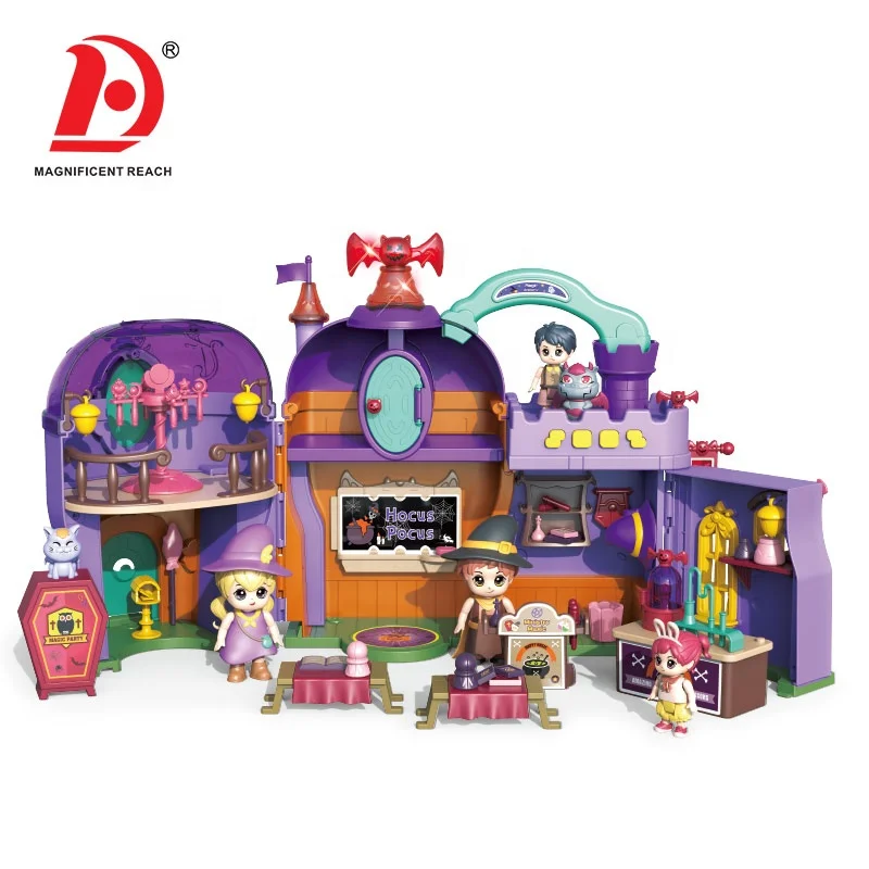 HUADA 2023 Halloween Miniature Doll Kids DIY Magic House Academy of Wizard Toy Gifts With Music
