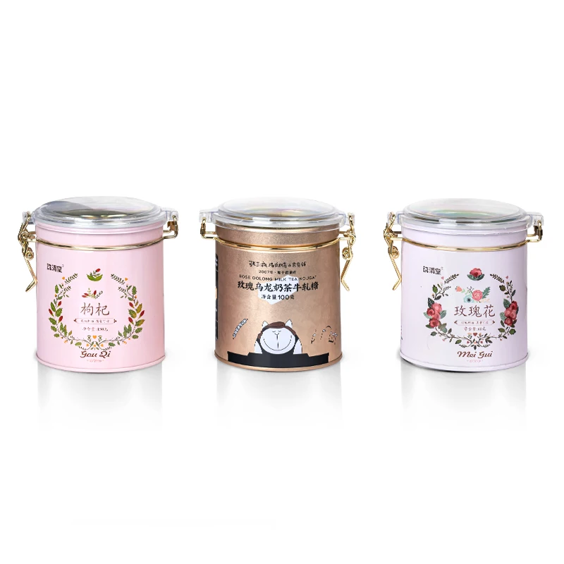 Factory Custom Coffee Rose Tea Packaging Tin Metal Container Round Tin Can Household Storage  Candy Snack Tea Tin Box With Clasp