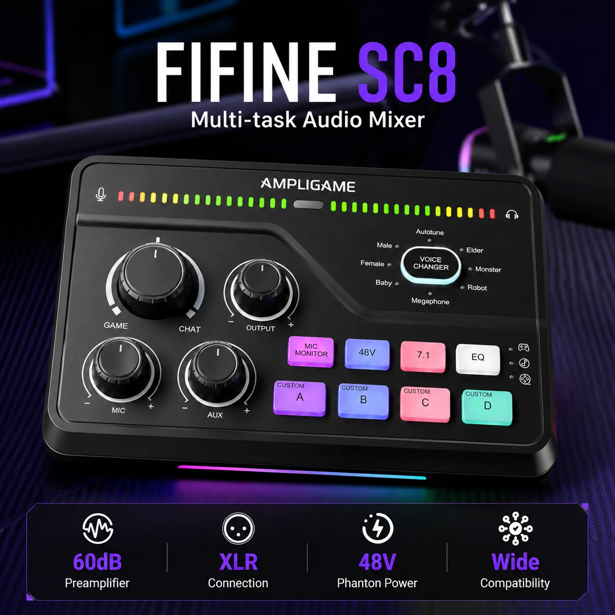 Fifine SC8 USB Gaming Audio Card - XLR Mixer for PC Recording