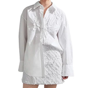 Custom High Quality  Blouses & Shirts  Versatile Elegant Office Cotton Shirt White Women Long Sleeves Simple Casual Shirt