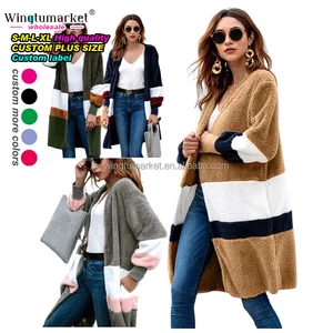 Custom Patchwork Coats Winter Sherpa Long Cardigan Color Block Faux Fluffy Fur Fleece Trench Coat Women