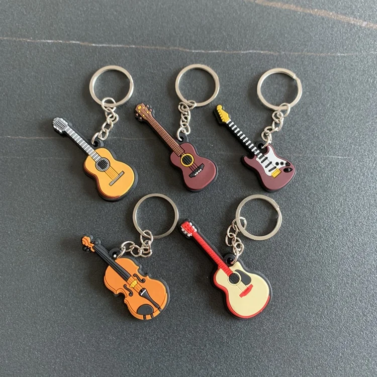 Mini Cartoon Musical Instrument Pvc Keychain 3d Guitar Rubber Keychain in Bulk