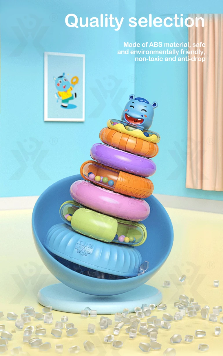 Chengji hot selling juguetes educational new born baby plastic toy musical rainbow stacking ring tower