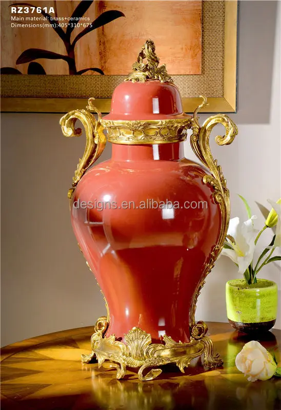 Chinoiserie Home Decor Custom Oriental Asian  Bronze Ormolu Red Chinese Porcelain Brass Urn Vase Pot Ginger Jar