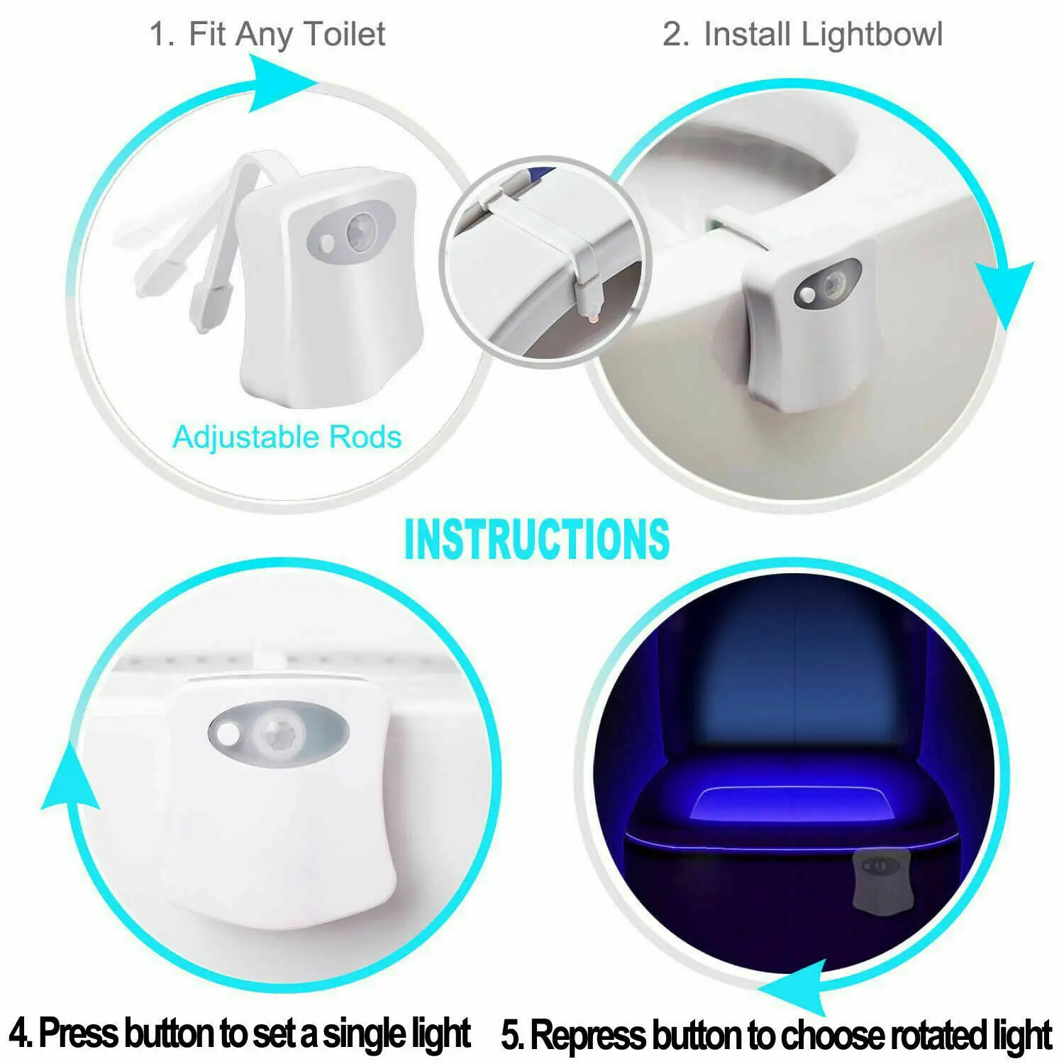 Smart PIR Motion Sensor Toilet Seat Night Light 8 Colors Waterproof For  Toilet