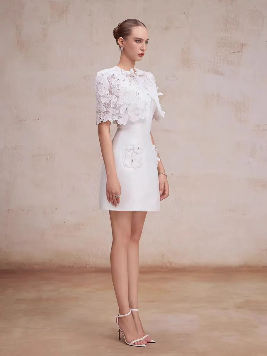 Elegant lace butterfly short dress, Vietnamese niche design slimming dress for womens