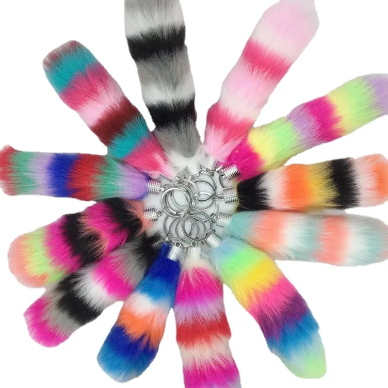 Assorted Color Faux Lucky Rabbit's Foot Key Chains  Plush Multi-color Rainbow Rabbit Foot Keychain Key Rings Handbag Charms