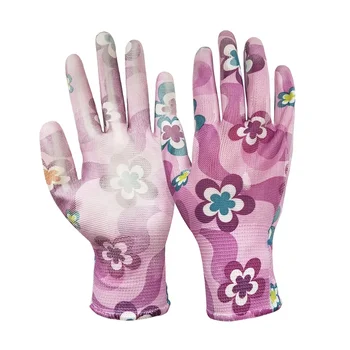 GN1004 Gardening Floral Flower print woman lady Hand Gloves PU coating Nitrile coated Nylon seamless work gloves