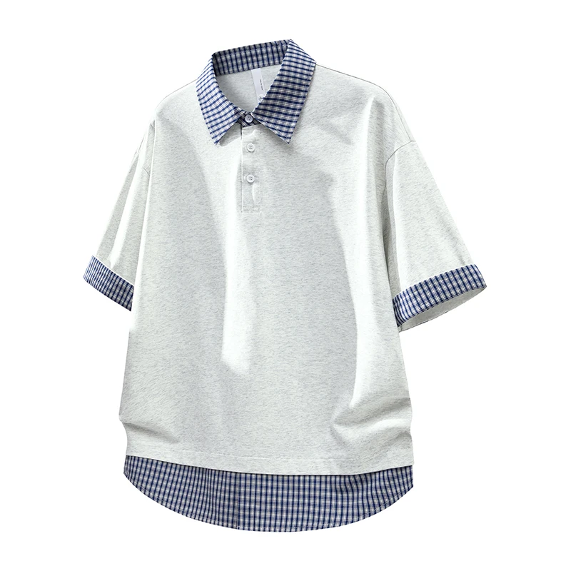 Men's short-sleeved shirt with a plaid collar and hem, suitable for everyday wear, 55.6% cotton and 44.4% polyester, preppy style T-shirt.