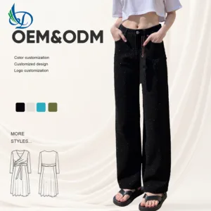 Fashionable High Waisted Straight Leg Women's Jeans, Breathable and Washable, Solid Color Casual Rhinestone Jeans