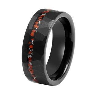 Alternative Hammered Textured Men's Black Tungsten Ring with Meteorite & Dinosaur Bone Inlay Black Plated Tungsten Carbide Ring