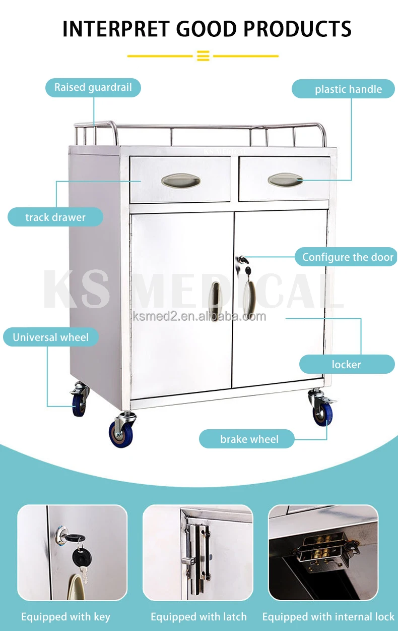 Ksmed Medical Trolley Stainless Steel Instrument Trolley Double Drawer Hospital Crash Cart