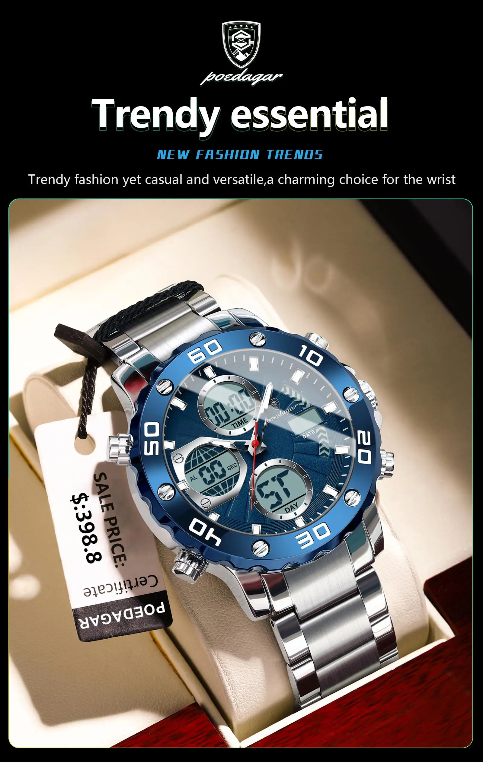 POEDAGAR E102 New Men Fashion Digital Quartz Movement Men Electronic Watches Led Dual  Display Luminous Stainless Watch for Male