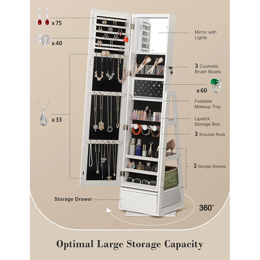 360° Swivel Rotatable Full Length Mirror Standing Jewelry Cabinet with Foldable Makeup Shelf and 3 Rear Storage Racks details