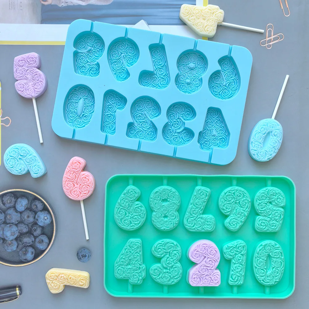 Rose Pattern 0-9 Numbers Shape Lollipop Silicone Mold Handmade 3D Chocolate Cake Jelly Candy Silicone Mold factory