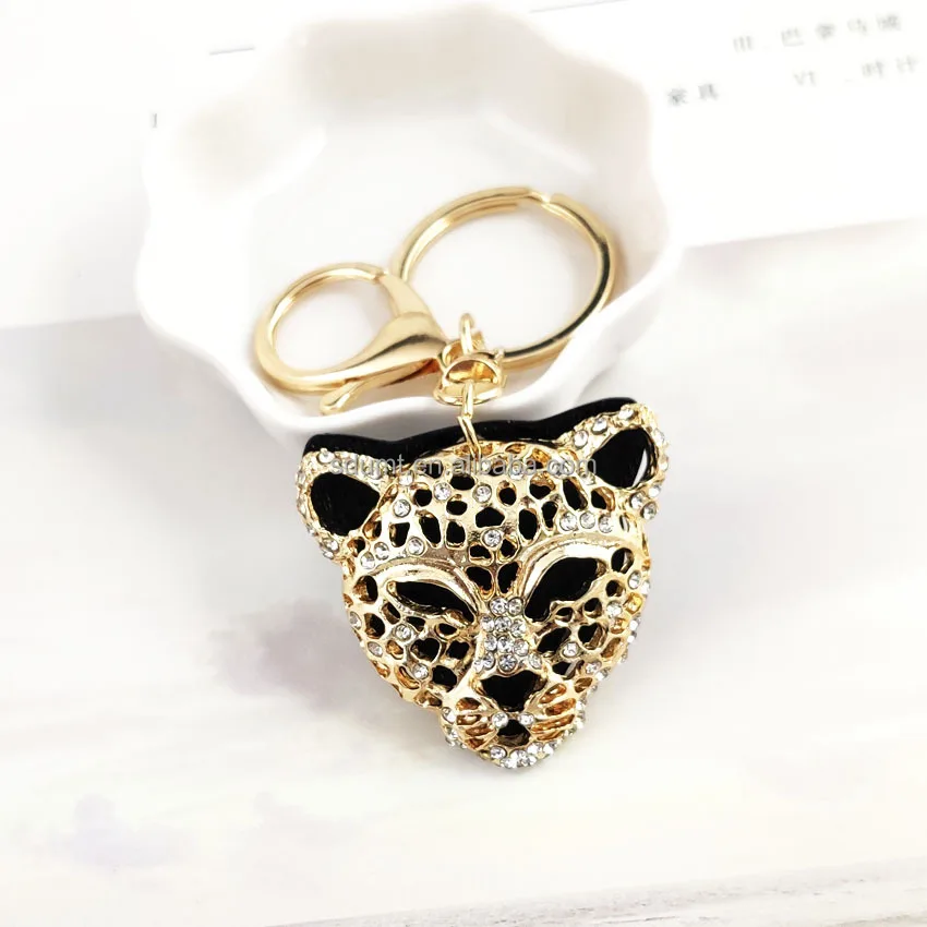 Golden Craft Design Keychain Rhinestone Leopard Head Key Chain Pendant