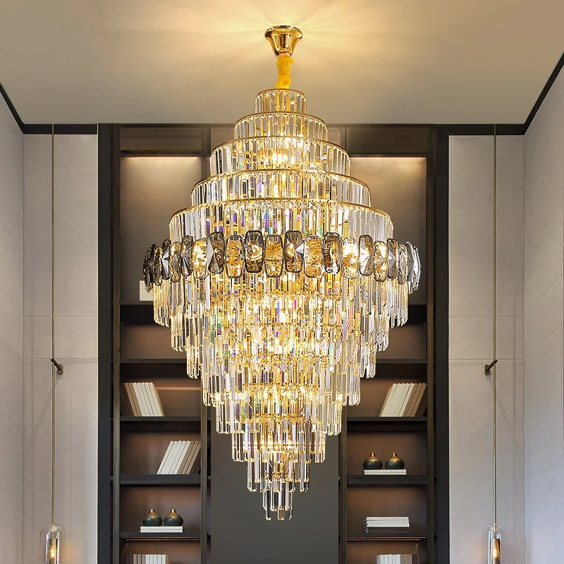 Luxury Gold Crystal Chandelier Pendant Light for Hotel Villa Living Room Stairs Adjustable Height Iron Ceiling Installation