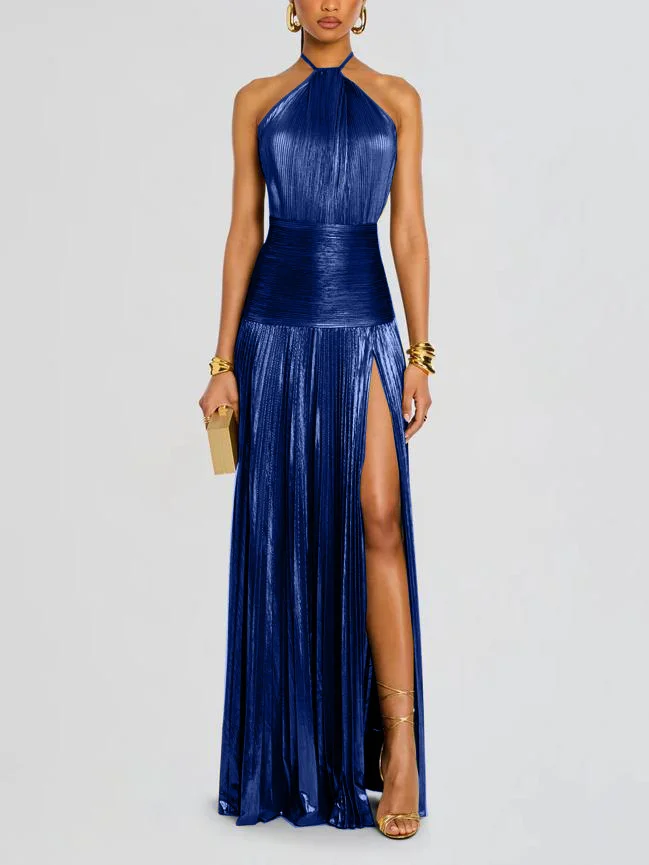 Gold Halter Neck Pleated Evening Gown Women's Backless Maxi Dress with High Slit for Gala & Red Carpet| Alibaba.com Gold Halter Neck Pleated Evening Gown Women's Backless Maxi Dress with High Slit for Gala & Red Carpet| Alibaba.com