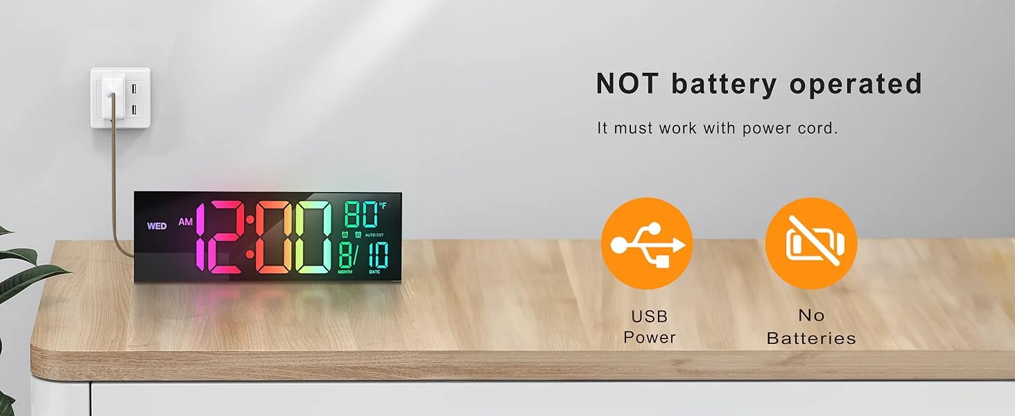 Large 16-inch LED digital clock, remote control, adjustable brightness, temperature and humidity display, ABS for living room