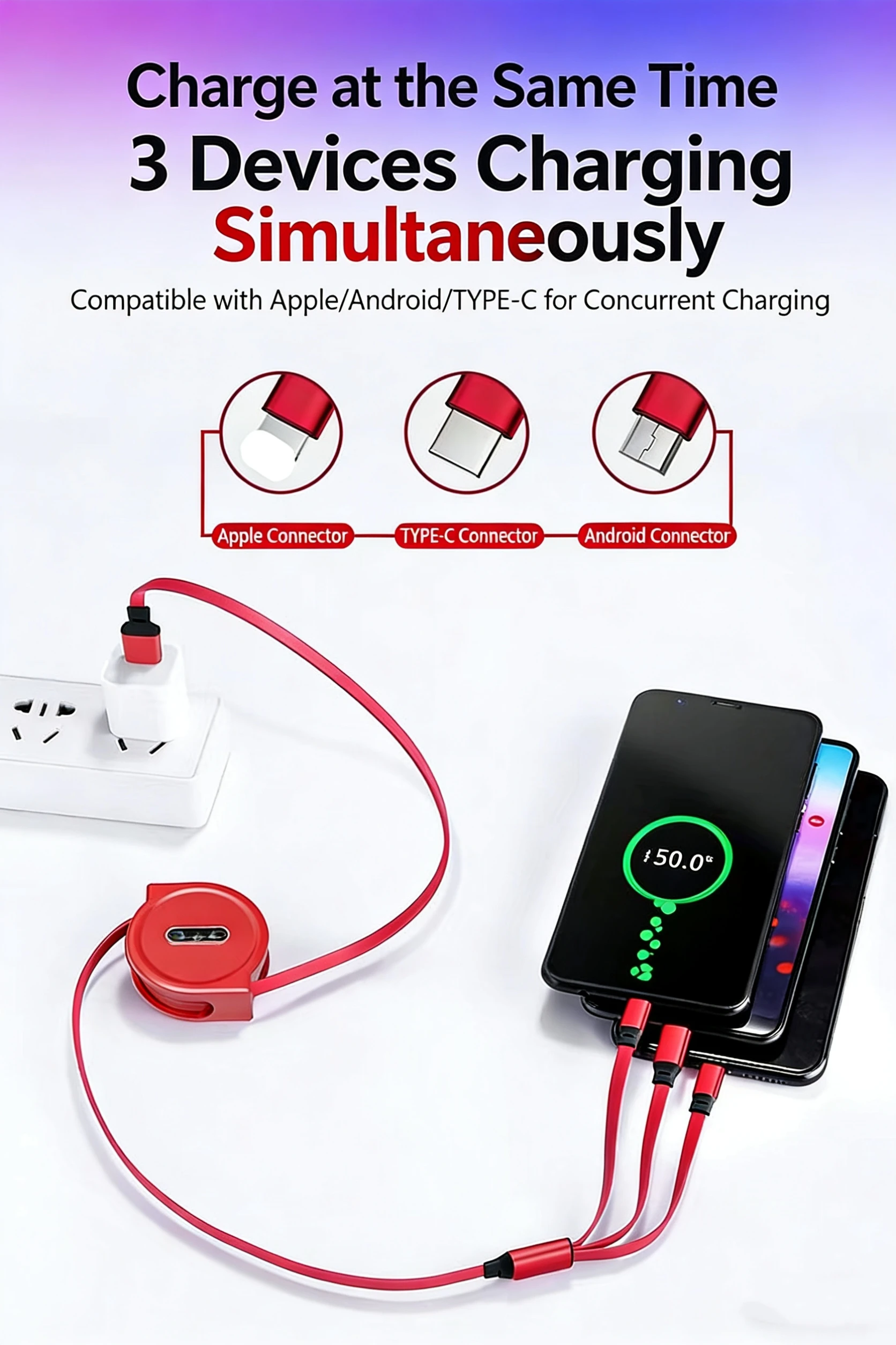 3-in-1 Fast Charging Retractable Phone Charging Cable with Custom Logo Small Gift Multi-Functional preview 3