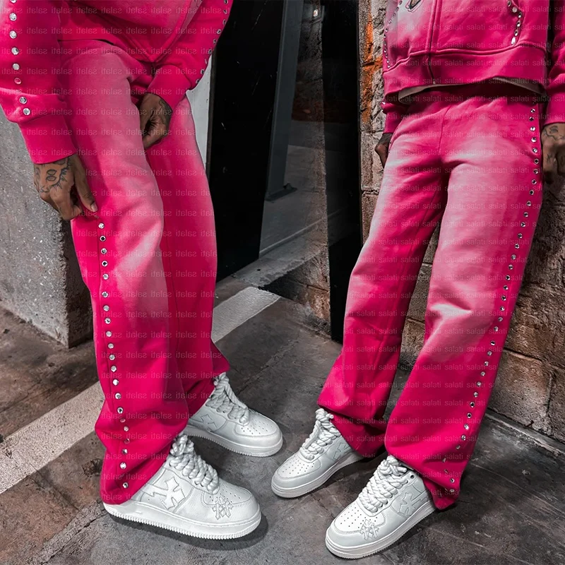 Custom Oversized Baggy Cotton Blank Straight Leg Rhinestone Sweat Trousers Track Jogger Acid Washed Sweatpants Flared Pants Men