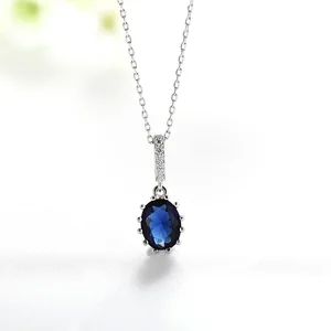 Wedding Luxury 925 Sterling Silver Pendants Rhodium Plated Blue Sapphire Oval Shape 3A Crystal Pendant
