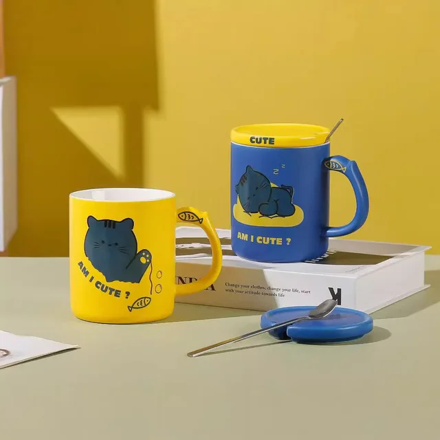 Cartoon cat ceramic mug with lid spoon