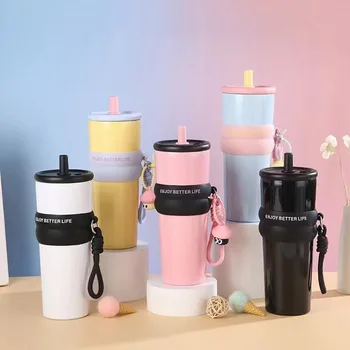 Macaron-Colored Portable Stainless Steel Thermos Cup Cute Straw Classic Second-Generation High-Value Business Vacuum Car Cup