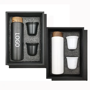Custom Logo Stainless Steel Vacuum Insulated Flask with Wood Pattern Lid Espresso Coffee Cup Tea Cups Gift Set