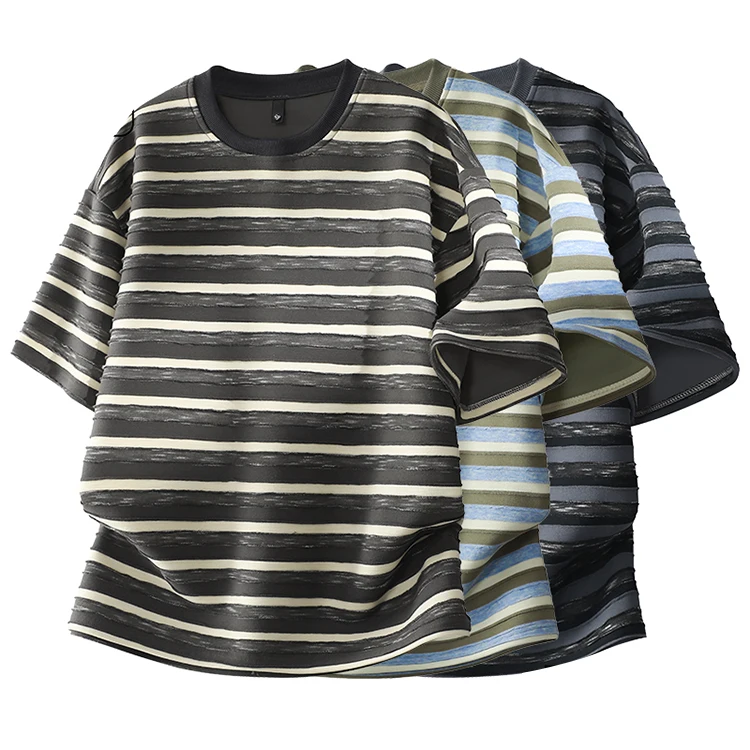 Men's color-blocked striped cotton blend viscose T-shirt, crew neck, short sleeve, regular fit, breathable casual T-shirt