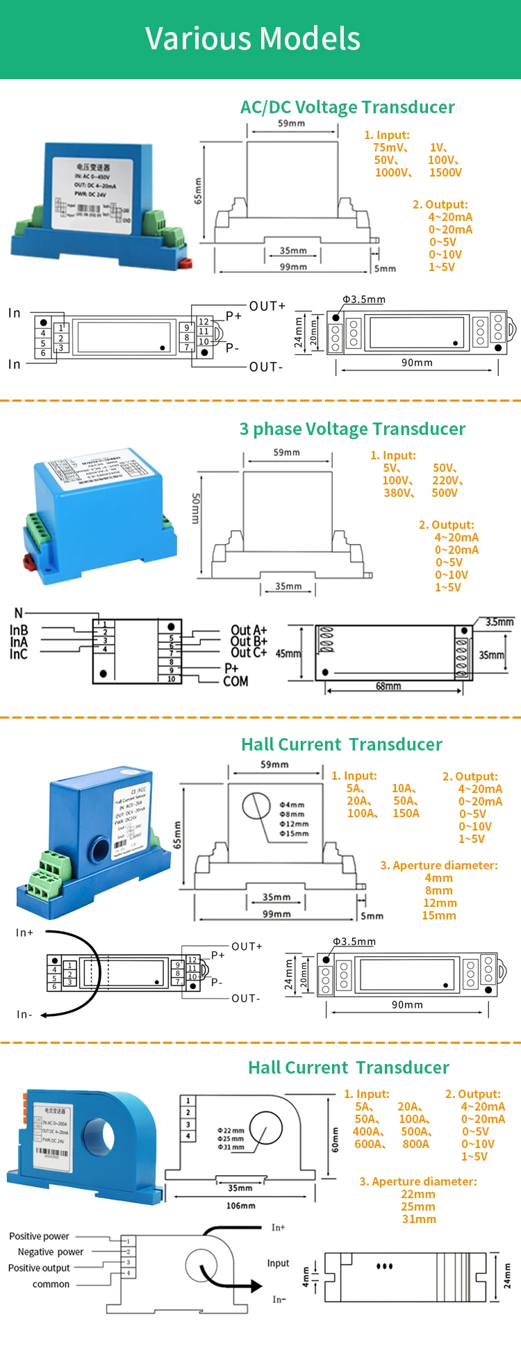 1500V AC Voltage Transducer Closed Loop Hall Effect Voltage Sensor DC ...