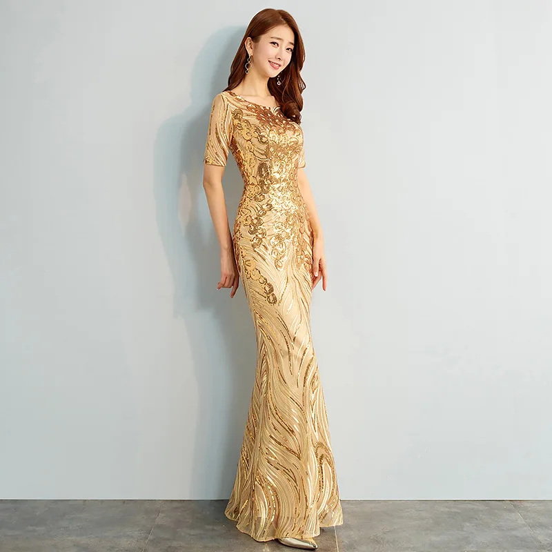 Gold Women Long Evening Dress - Polyester Slim & Plus Size