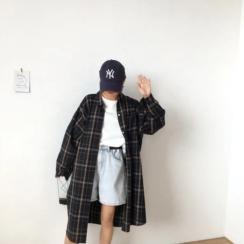Fashion Plaid Shirt Coat Korean Japanese Style Oversize Long Shirt Outfit -  Buy Winter Outfit Jacket,Casual Outdoor Outfit,Two Colors Women Thin Coat  Product on 