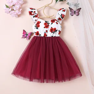 Girls' Summer Mesh Dress Sweet Floral Small Flying Sleeve O-Neck New Girls Dresses for Girls
