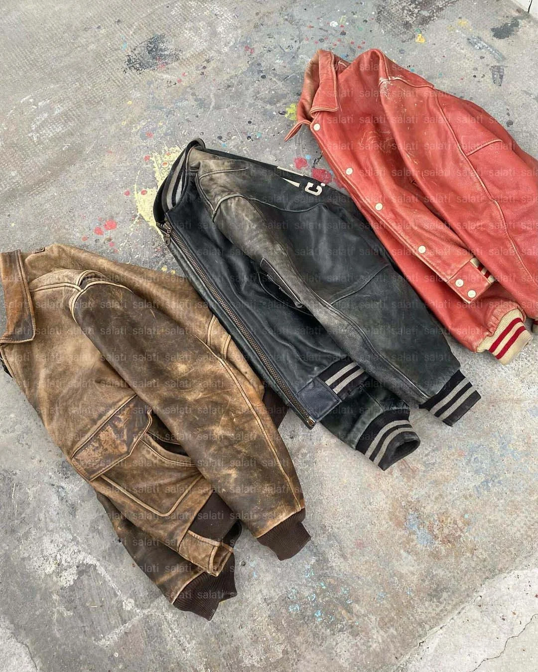 Salati Custom Designer Streetwear Oversized Zip up Genuine Vintage Trucker Letterman Varsity Men's Bomber Jacket Leather Jacket gallery 3