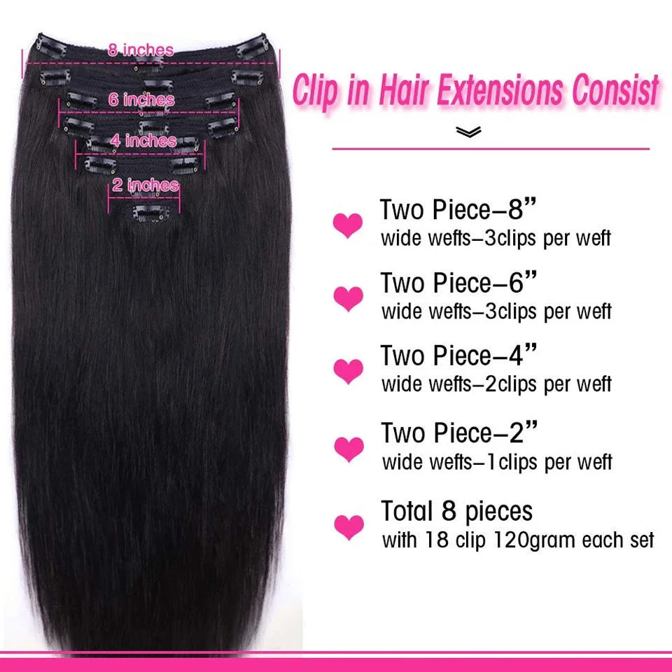 Clip in Hair Extension Human Hair 120G Natural Black Color Straight Brazilian Remy Hair for Women_voghion.com