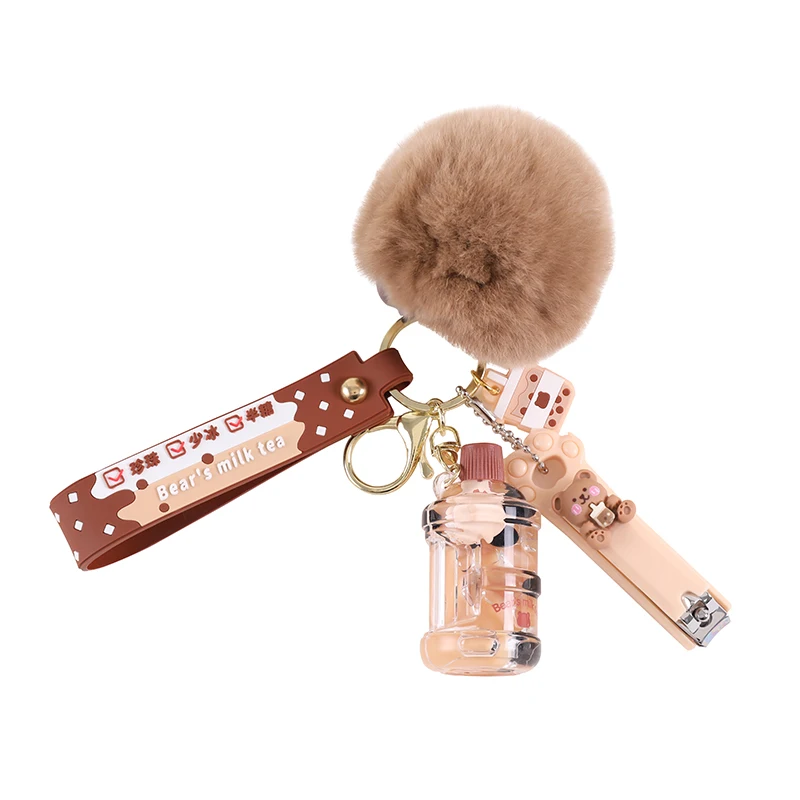 Lilangda 2022 Bubble Baba Milk Tea Design Pom Pom Nail Clippers Cat Paw Keychain Laveros Porte Cl Liquid Keychain Plastic Metal