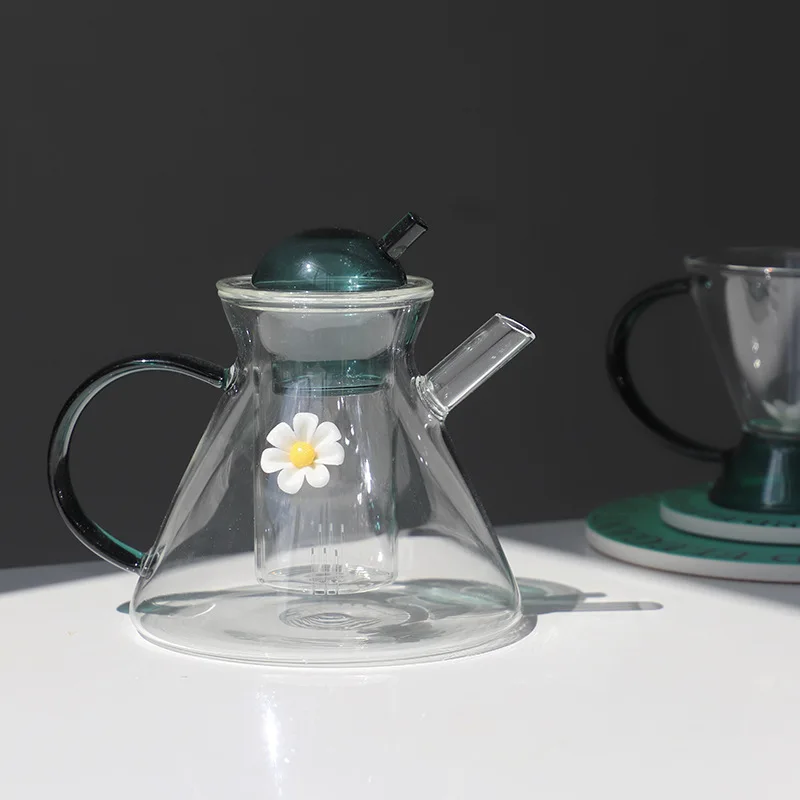 Wholesale handblown heat resistant high borosilicate glass teapot with infuser details